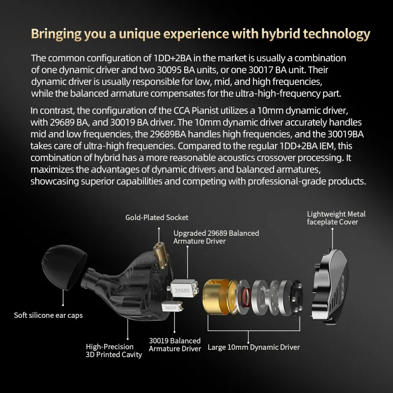 سماعة رأس معدنية داخل الأذن من CCA PIANIST سلكية ، سماعة مزدوجة الديناميكية ، سماعات أذن هاي فاي باس ، شاشة عالية الأداء