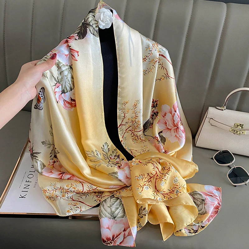 Mode Druck Große Schal Wraps Seide Schal Frauen Luxus Marke Satin Stirnband Hijab Bandana Turban Foulard Sommer Strand Stolen – Detail 8