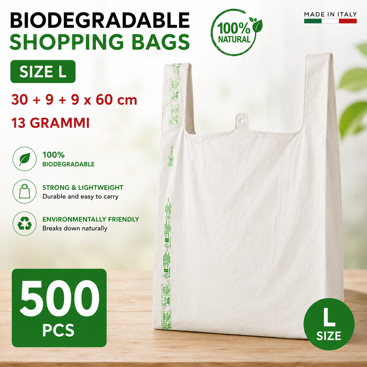 Buste Shopper Biodegradabili 500 Pezzi con Manici – Sacchetti Compostabili Resistenti per Supermercato, Negozi e Mercati – Made in Italy – Misure S, M