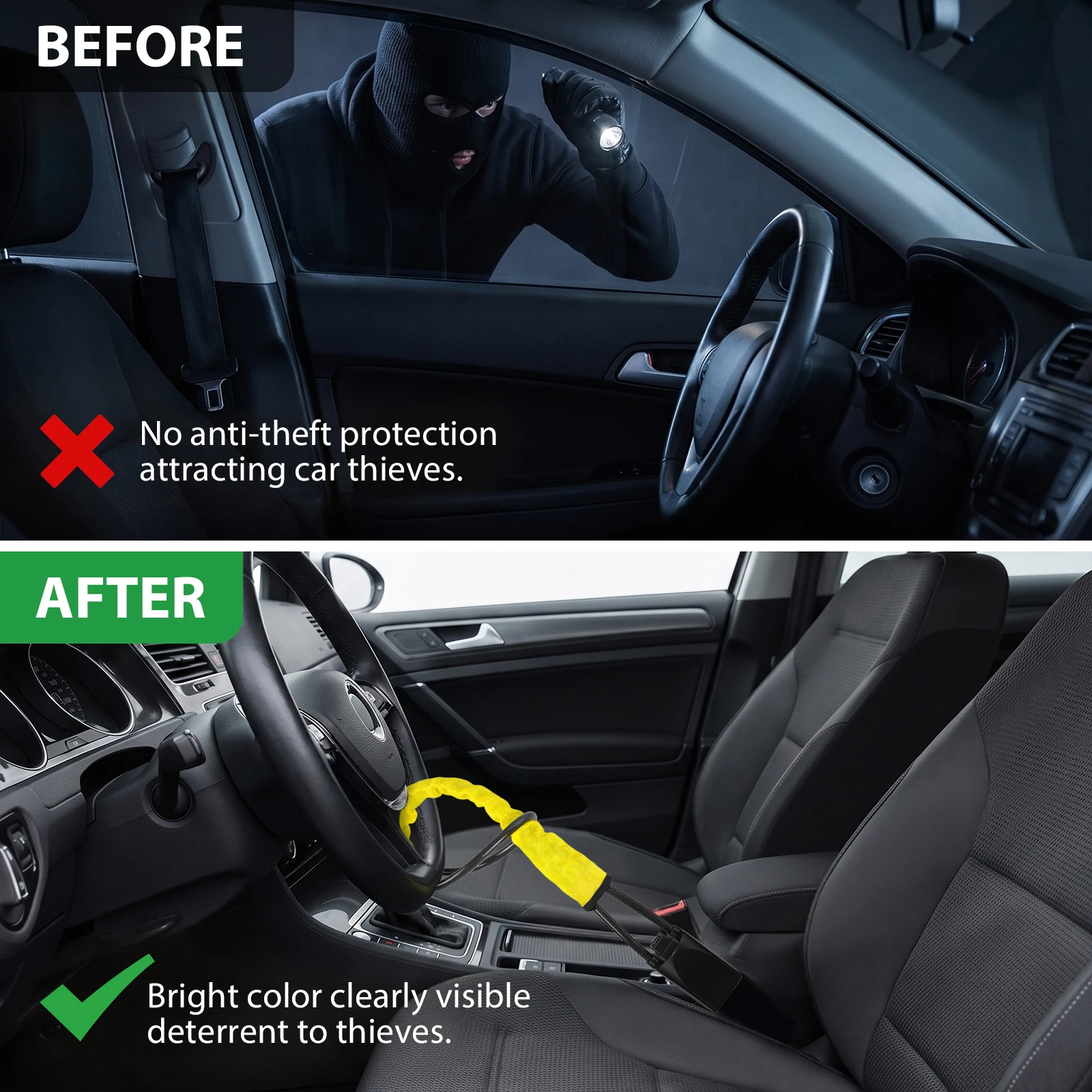 Universelles Lenkradschloss mit Sicherheitsgurtschloss, Stahlseil für LKW, SUV, Van, Wohnmobil, Diebstahlschutzvorrichtung mit 3 Schlüsseln. – Detail 8