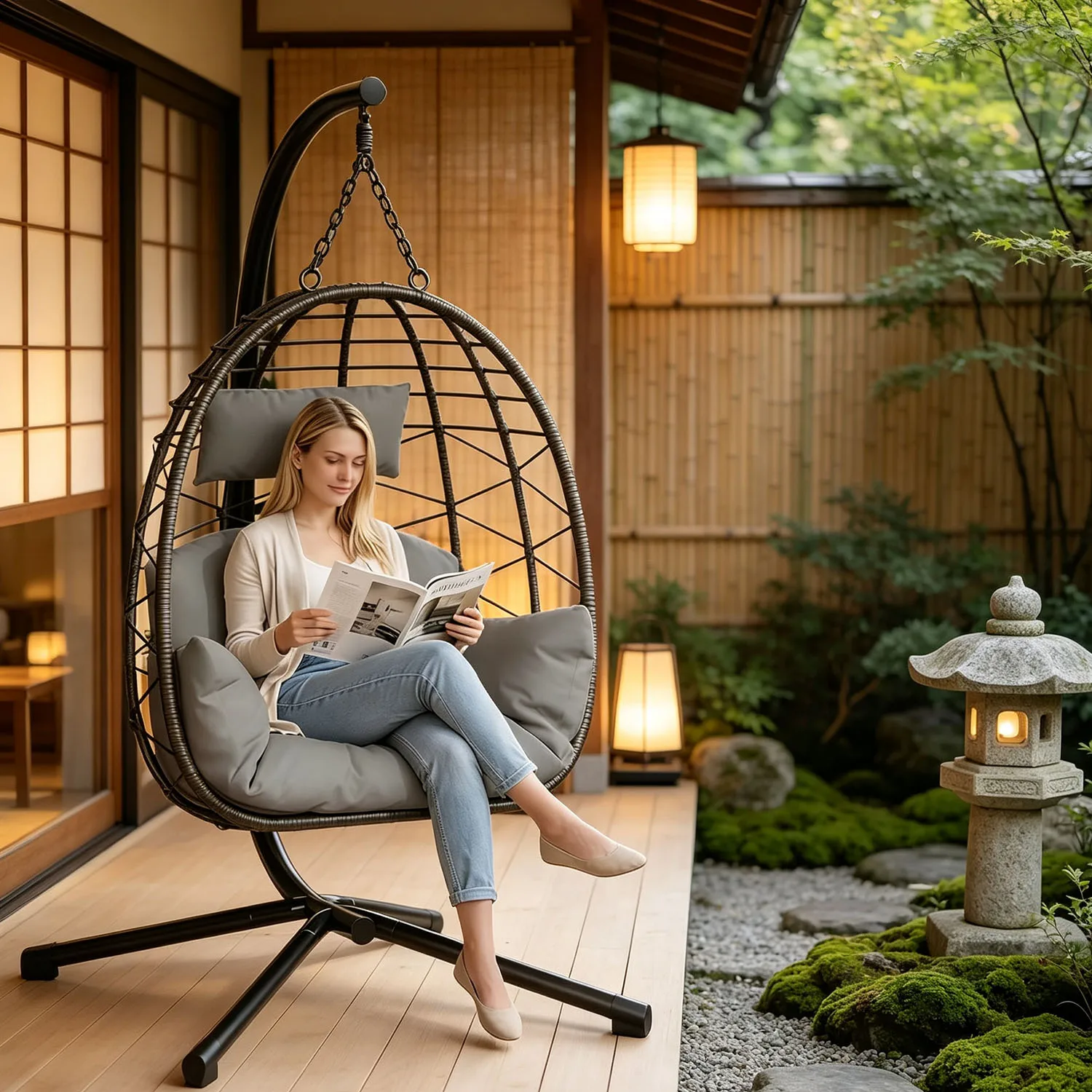 Fauteuil suspendu en osier HiMISS avec support noir, coussin imperméable et appui-tête, hamac lounge avec housse de protection contre la pluie pour intérieur, extérieur, jardin, patio, balcon