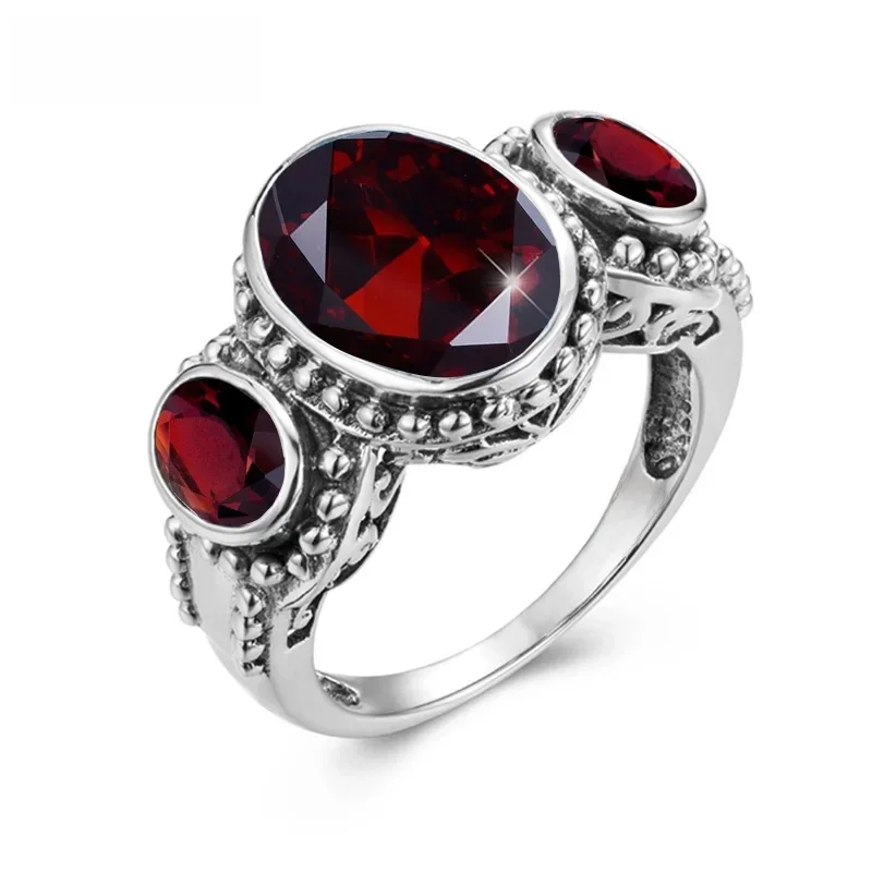 Czerwony kamień srebro pierścionki 925 granat kamienie pierścionek z białego złota dla kobiet Platinum Trendy owalne Fine Jewellry wysokiej jakości — zdjęcie 2