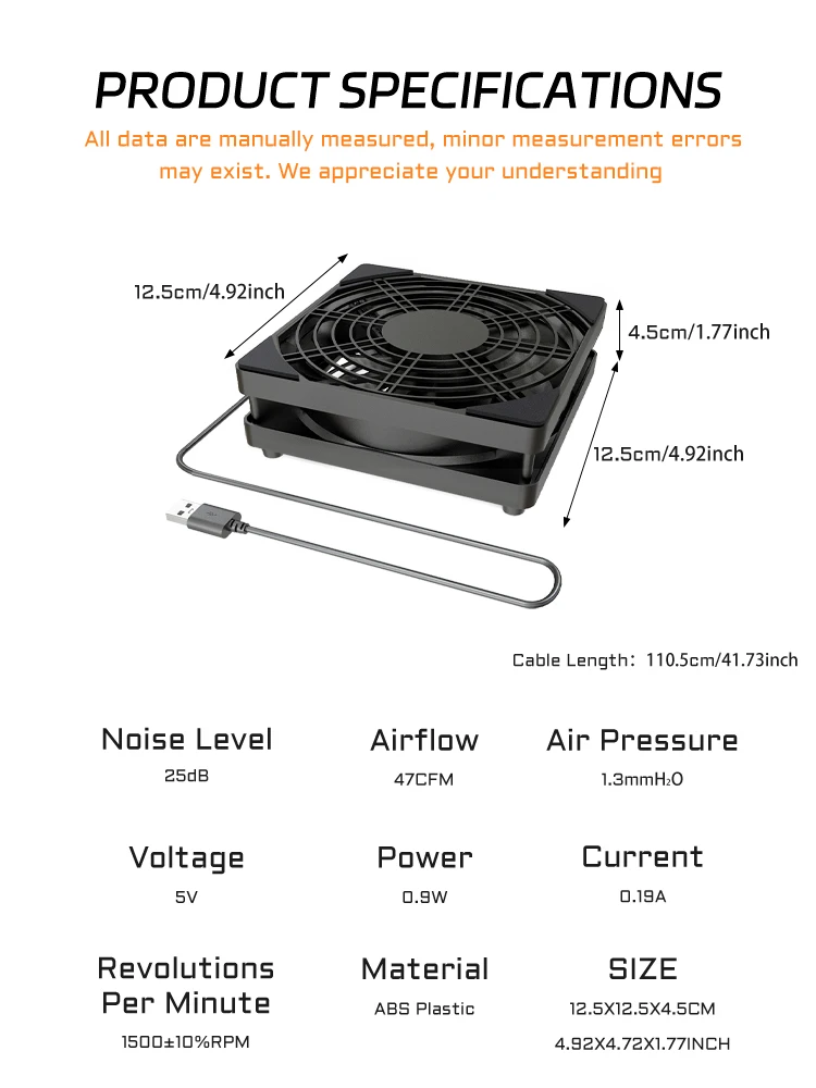5V USB-betriebener 125mm Router-Kühlventilator mit Ein-/Aus-Schalter und Geschwindigkeitsregler für Modem, NAS, Set-Top-Box und andere Geräte zur Wärmeableitung. – Detail 12