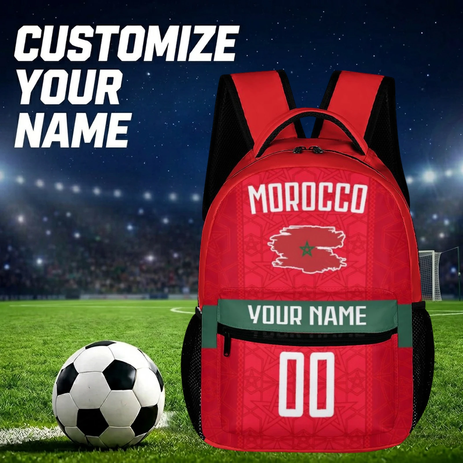 Custom Morocco Backpack with Name Number, Kids Soccer National Team Style School Bag, Travel Daypack Teens Gift