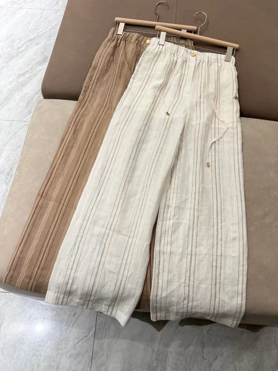 

25 Women's New Linen Striped Stretch Waist Straight Casual Pants Wide Leg Pants