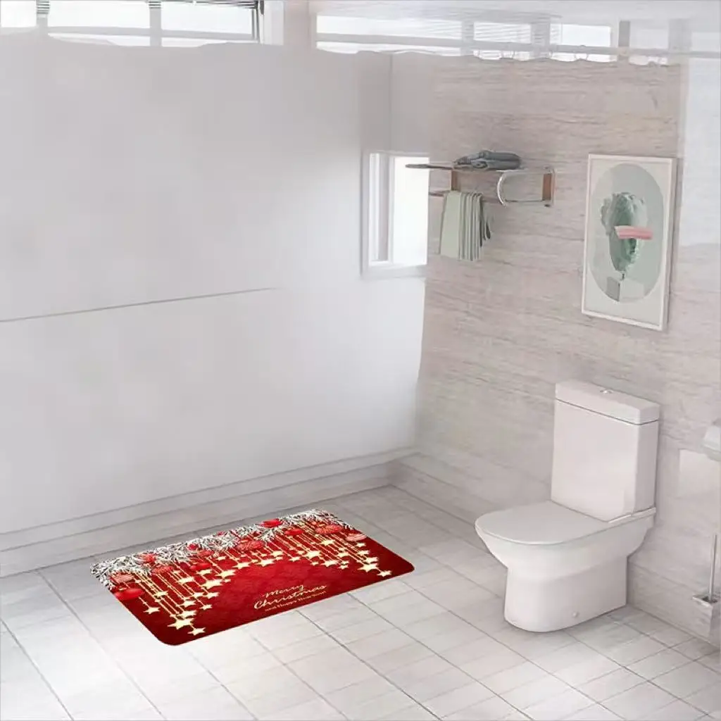 Only one floor mat will be sent for each order.Christmas Star & Pine Branch Bath Mat: Festive Red & Gold Print with 