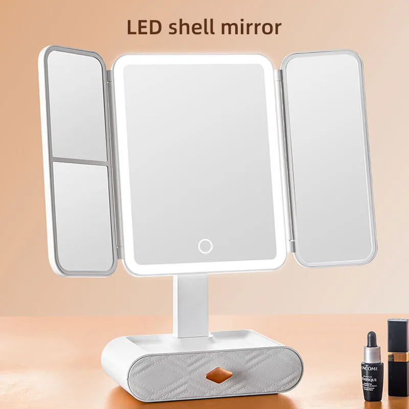 

LED smart desktop makeup mirror with light desktop dressing table drawer shell mirror folding mirror with 3X/5X mirror
