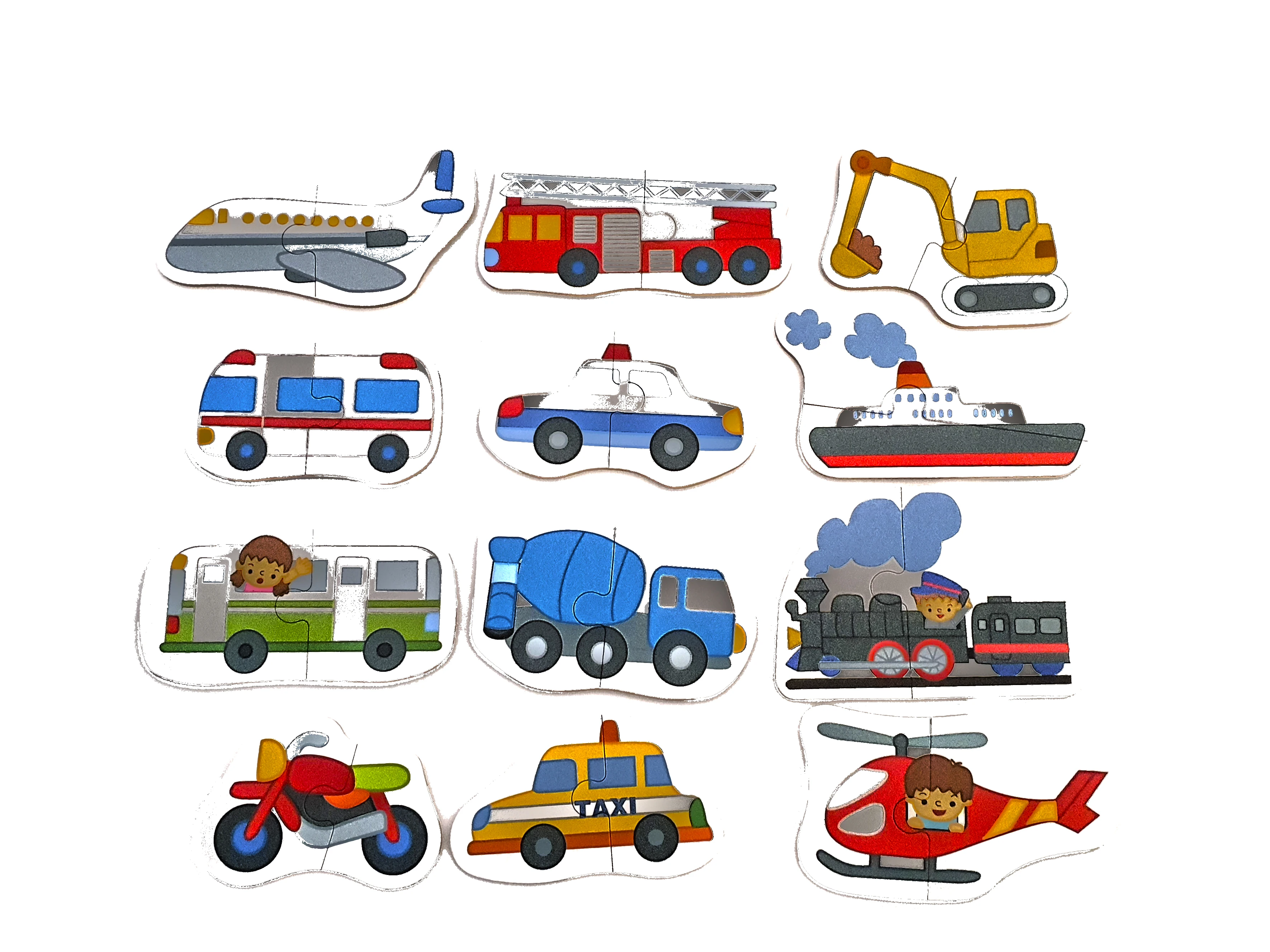 12 in 1 multi puzzle children's toys transport vehicles Moto, boat, plane, Taxi, fire engine, ambulance, train, bus, helicopter, excavator, concrete mixer and police car