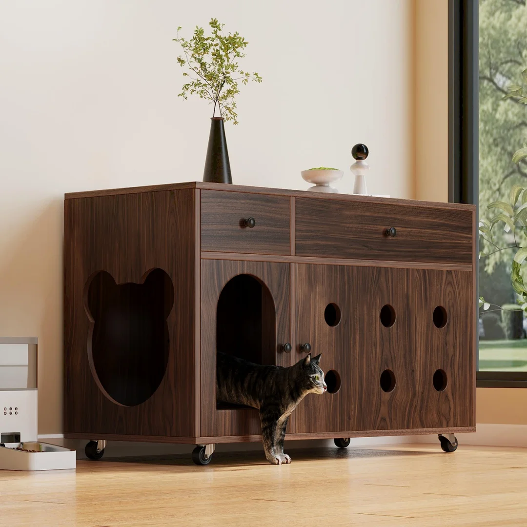 Kattenkast (mobiel kattentoilet) – kattenkast/kattenhuis, met afneembaar zandverwijderingspaneel, luchtsperre, geen kattenkledingkast, 100 x 45 x 66 cm, walnootkleur.