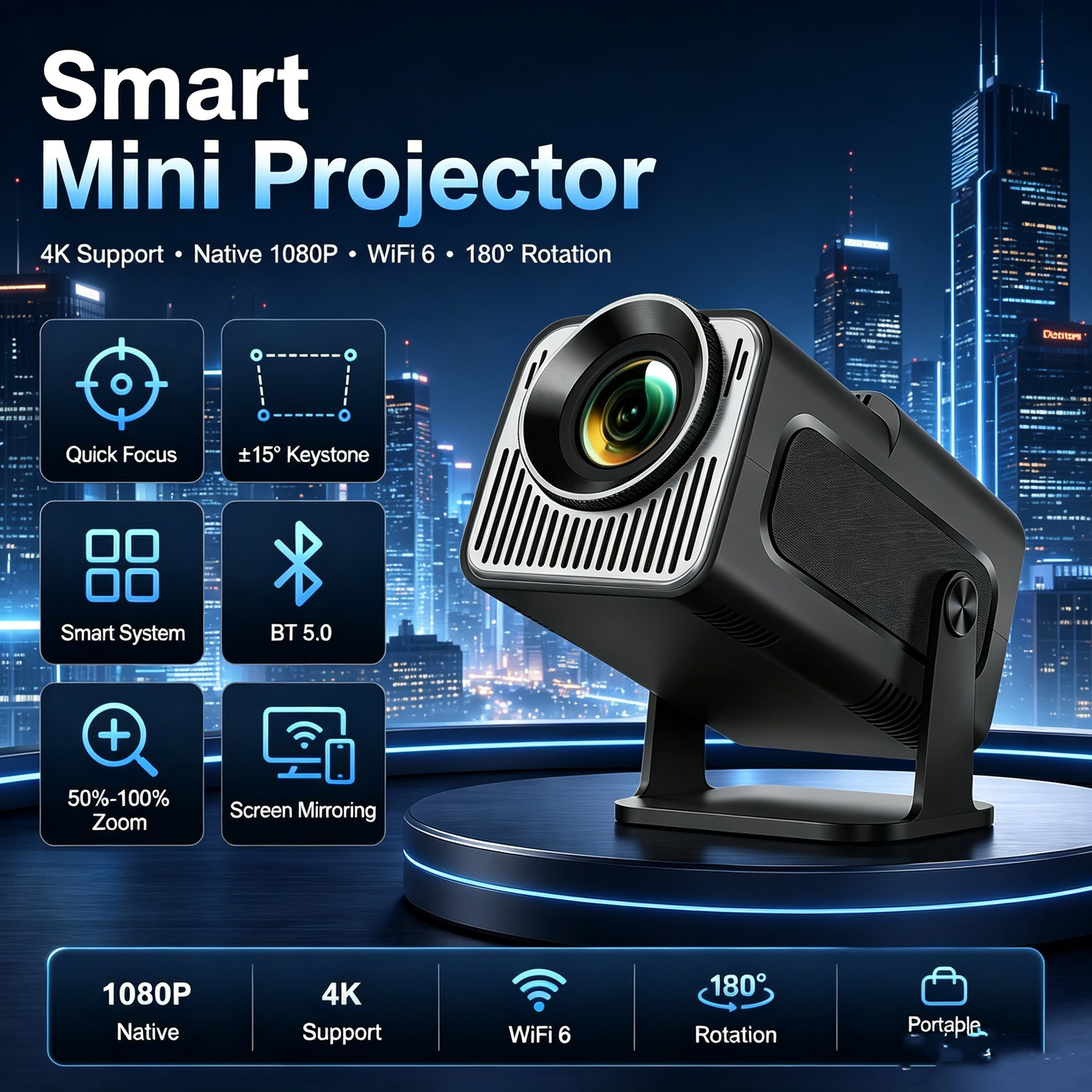 ZNLYRION Mini Smart Projector 4K Decode 720P Native Android 11.0 WiFi6 BT5.0 Portable Home Theater Auto Keystone Correction 130" Display