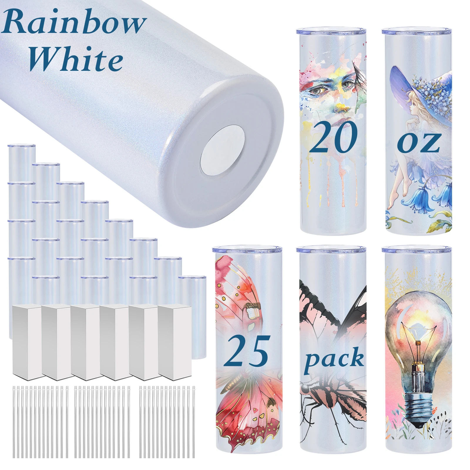 

Shimmer Rainbow White Sublimation Tumblers 20 OZ Sublimation Blanks Tumbler with Lid Vacuum Double-wall Insulated Water Bottle