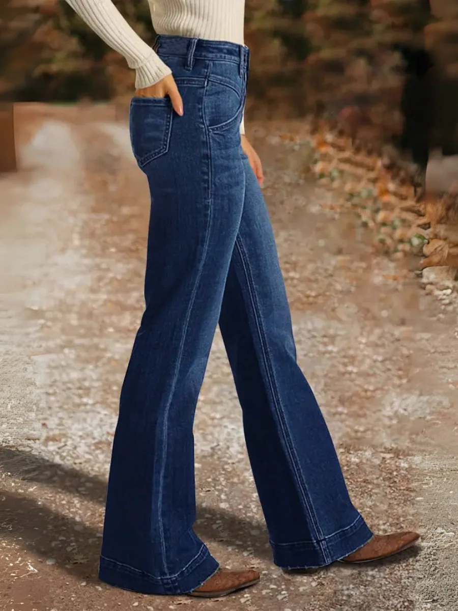 【HME】Women's Elegant Vintage Blue Denim Jeans - Mid-Rise, Bell Bottoms, Stretch Flare, Machine Washable, Decorative Buttons