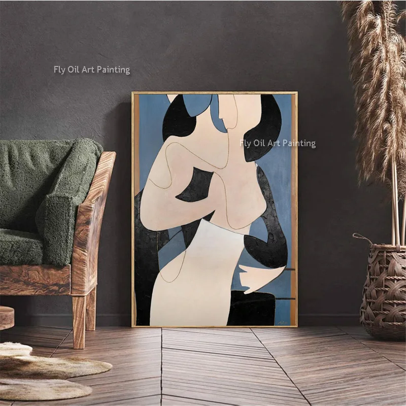 Abstract Painting With Frame For Home Decor Beige Blue Color Intertwining Wall Art For Above Bed Decor With Figure Handmade Art