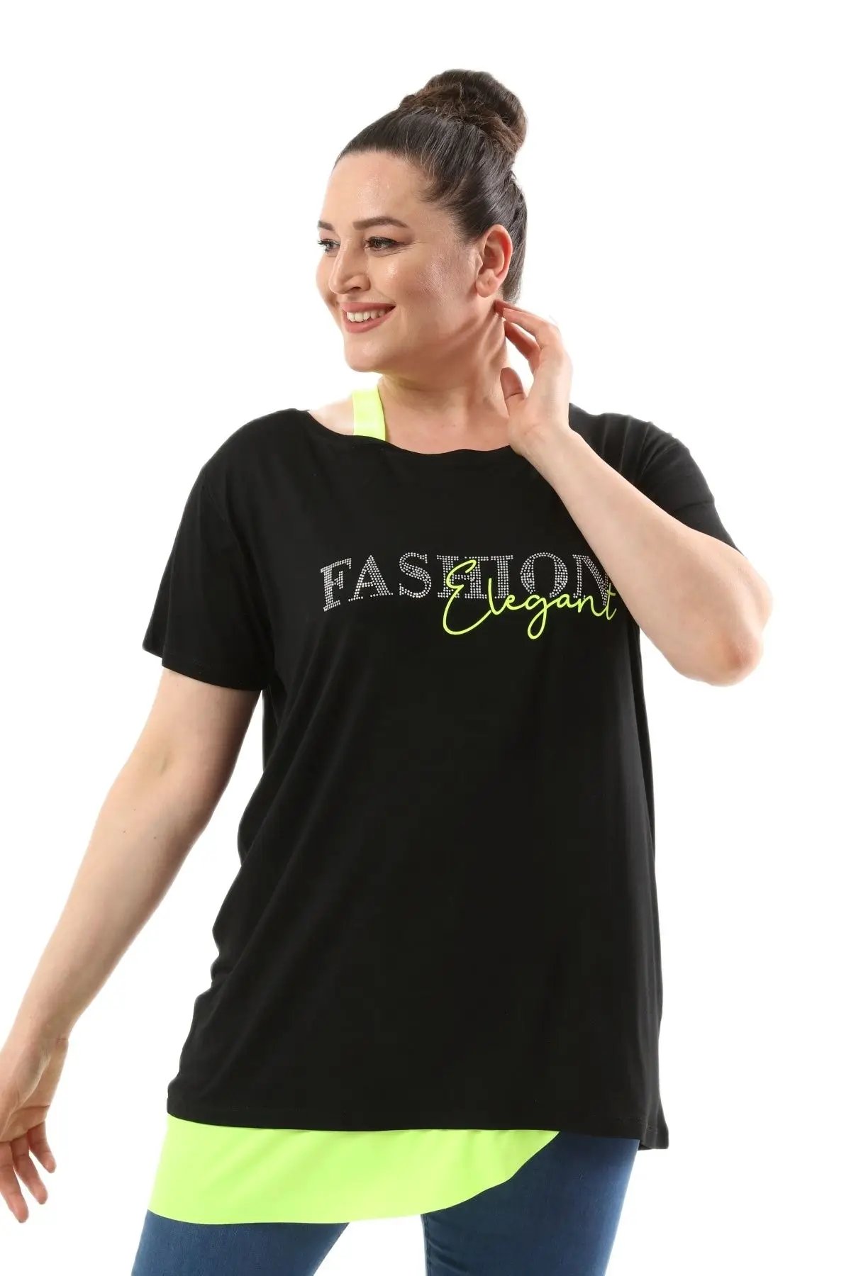 Feminino plus tamanho blusa pedra impressão neon detalhe, projetado e feito na turquia, nova chegada