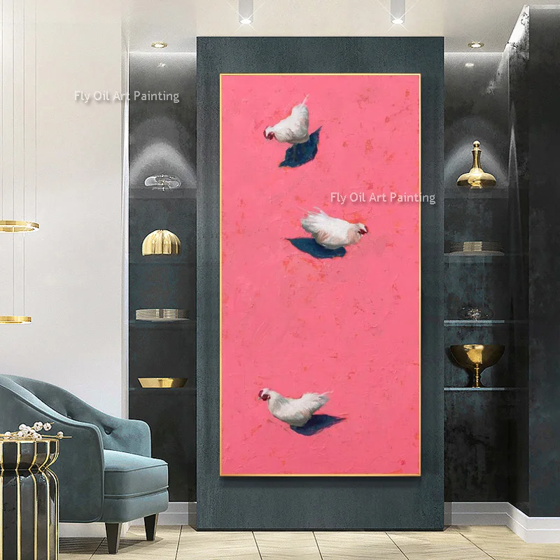 Abstract Handmade Large Artwork Rose Pink White Chicken Canvas Thick Wall Art Items New Simplism Design Oil Painting For Decor