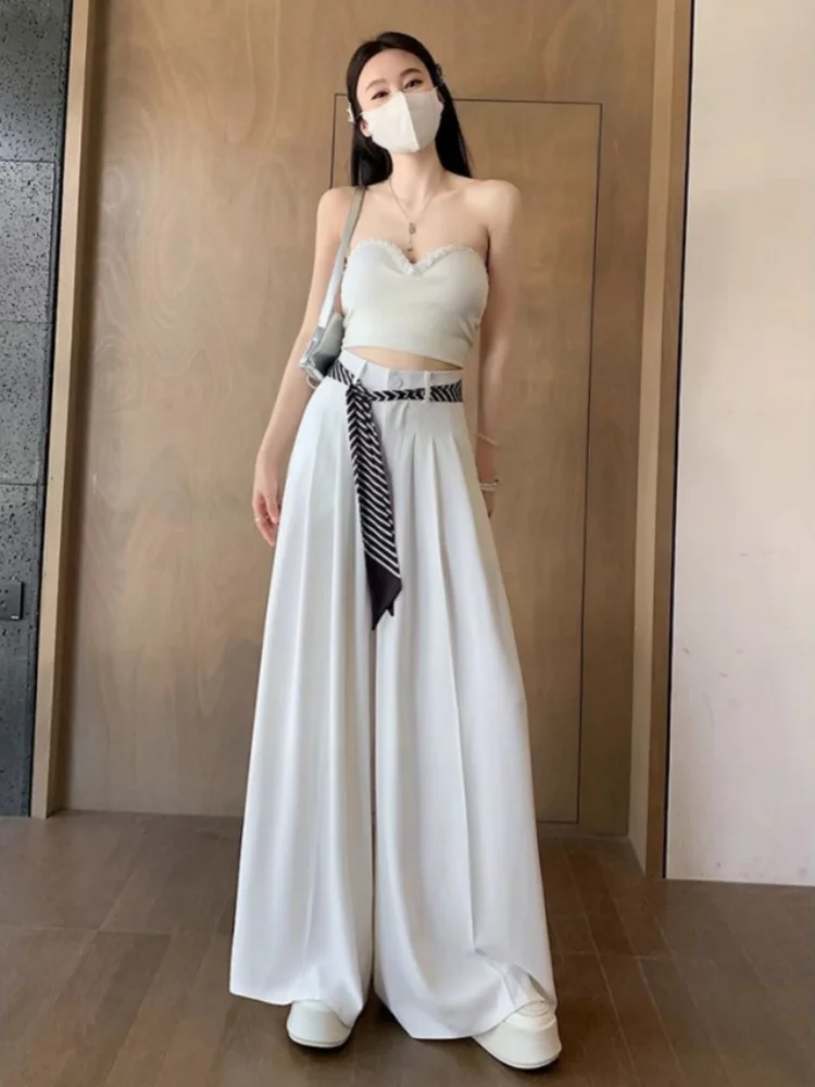 White Ice Silk Suit Wide Leg Pants Women's Spring Autumn With Scarf High Waist Drop Straight Floor Length Pants Female Trousers
