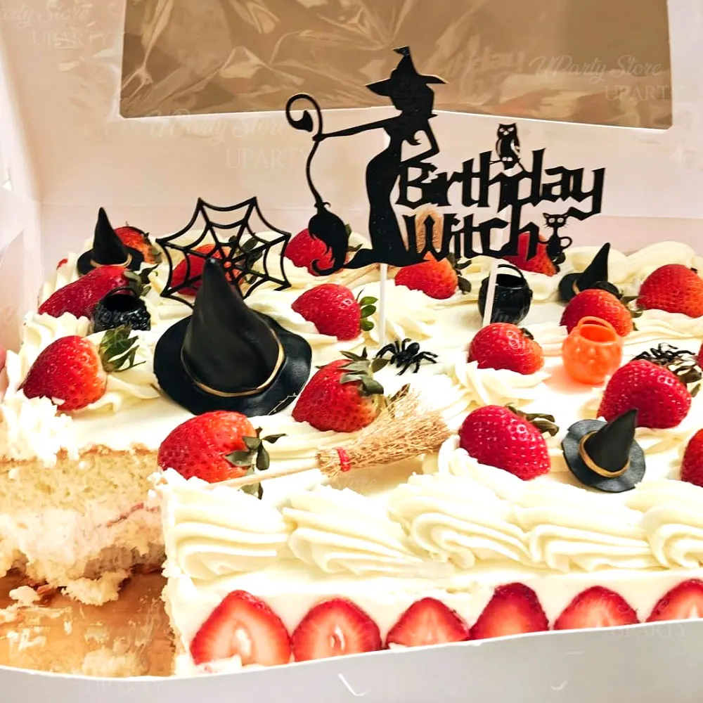Hexengeburtstagstorte Topper Glitzer Schwarz Alles Gute zum Geburtstag Hexenkuchendekorationen für Hexengottes Geburtstag Halloween Party Dekor – Detail 7