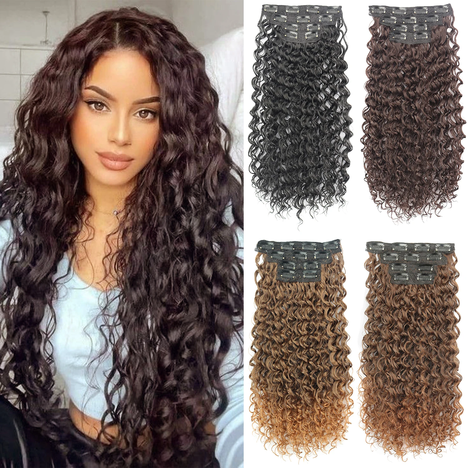 Synthetic 20 Inch 4Pcs/Set Long Kinky Curly 11 Clip in Hair Extensions Hair Accessories Suitable For Women Increase Hair Volume