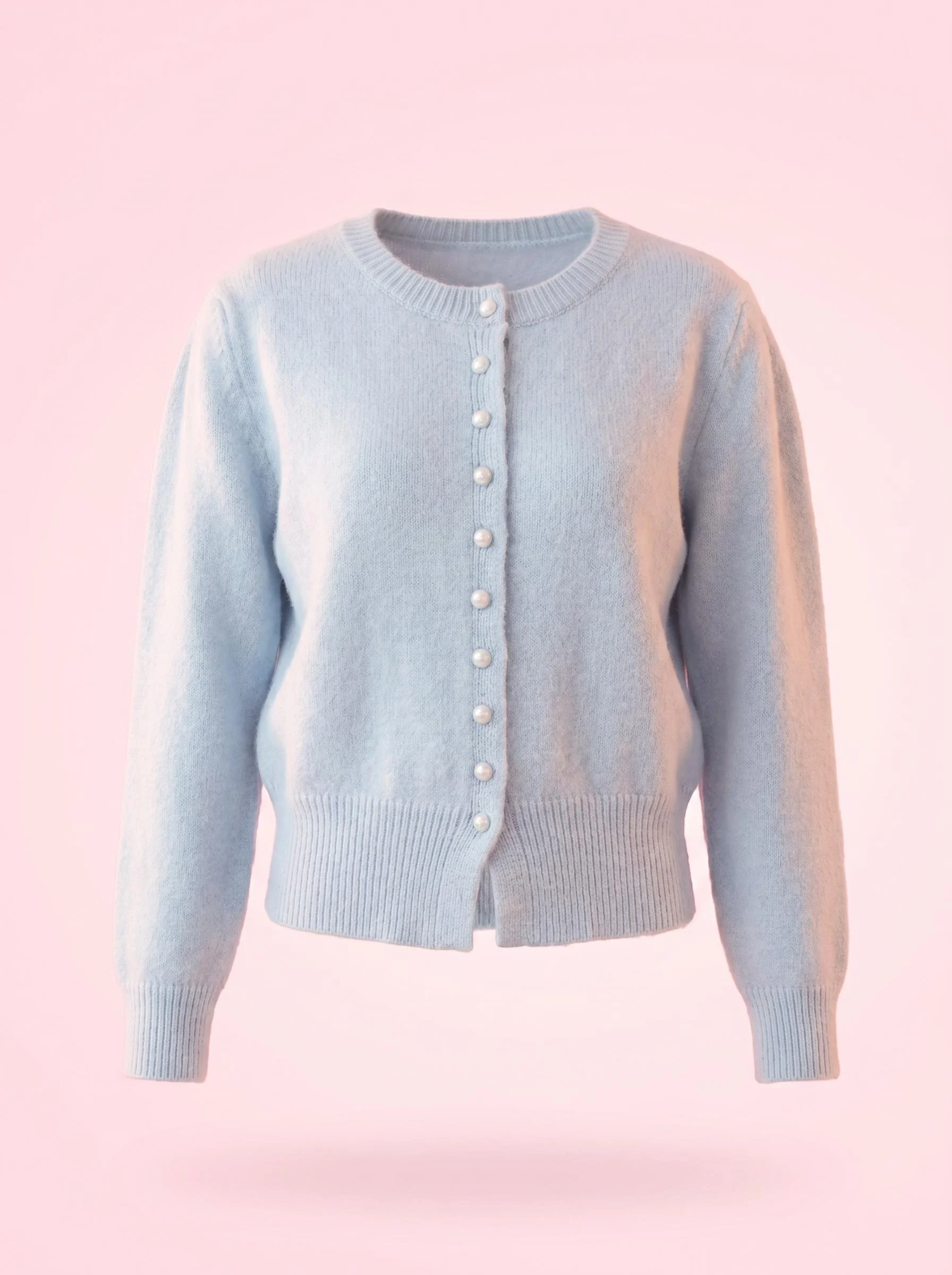 Light Mist Blue Round-Neck Waist-Cinching Knit Cardigan, Women's Gentle Style Single-Breasted Puff Sleeve Slimming Knit Top, Versatile Outerwear for Petite Figures