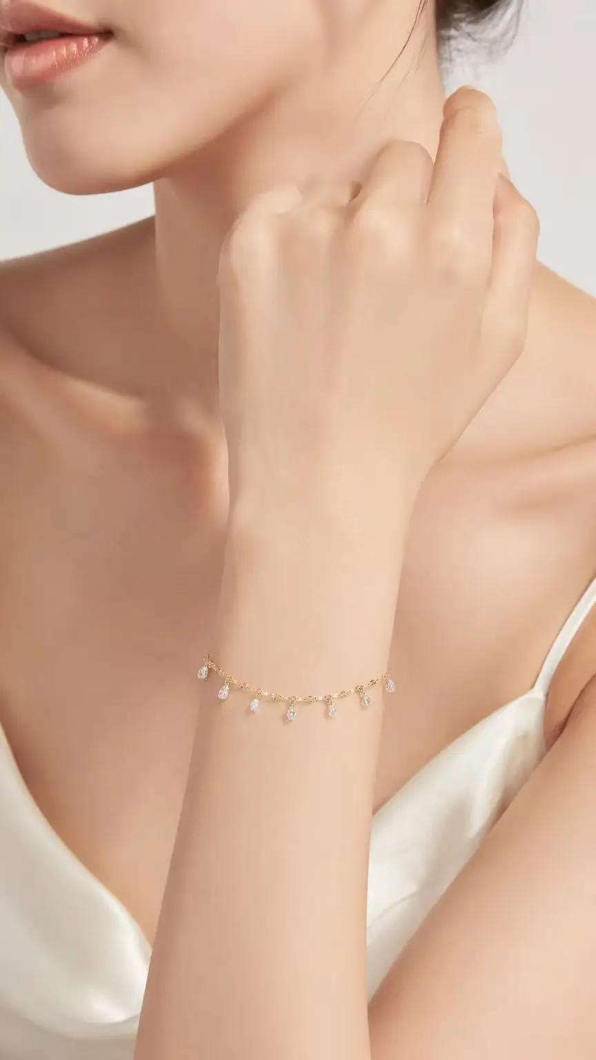 14K Gold drop charm bracelet, 0.58g, 0.91ct-11pcs CVD Lab‑Grown Brilliant Cut Diamond, NGTC Certified, Wholesale