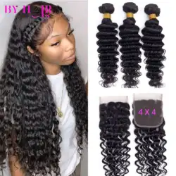 12A Deep Wave Bundles With Closure 4x4 Lace Closure 100% Remy Human Hair Natural Colored Brazilian Hair 3 Bundles With Closure