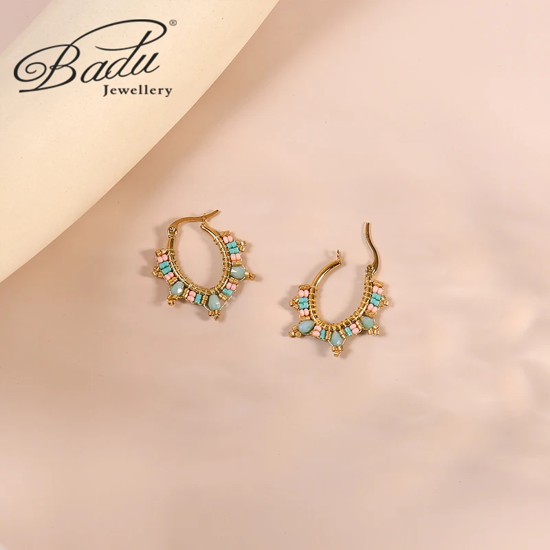 2023 New Fashion Boho Oval Hoop Earring for Women Statement Handmade Beaded Stainless Steel Jewelry Gifts Brincos