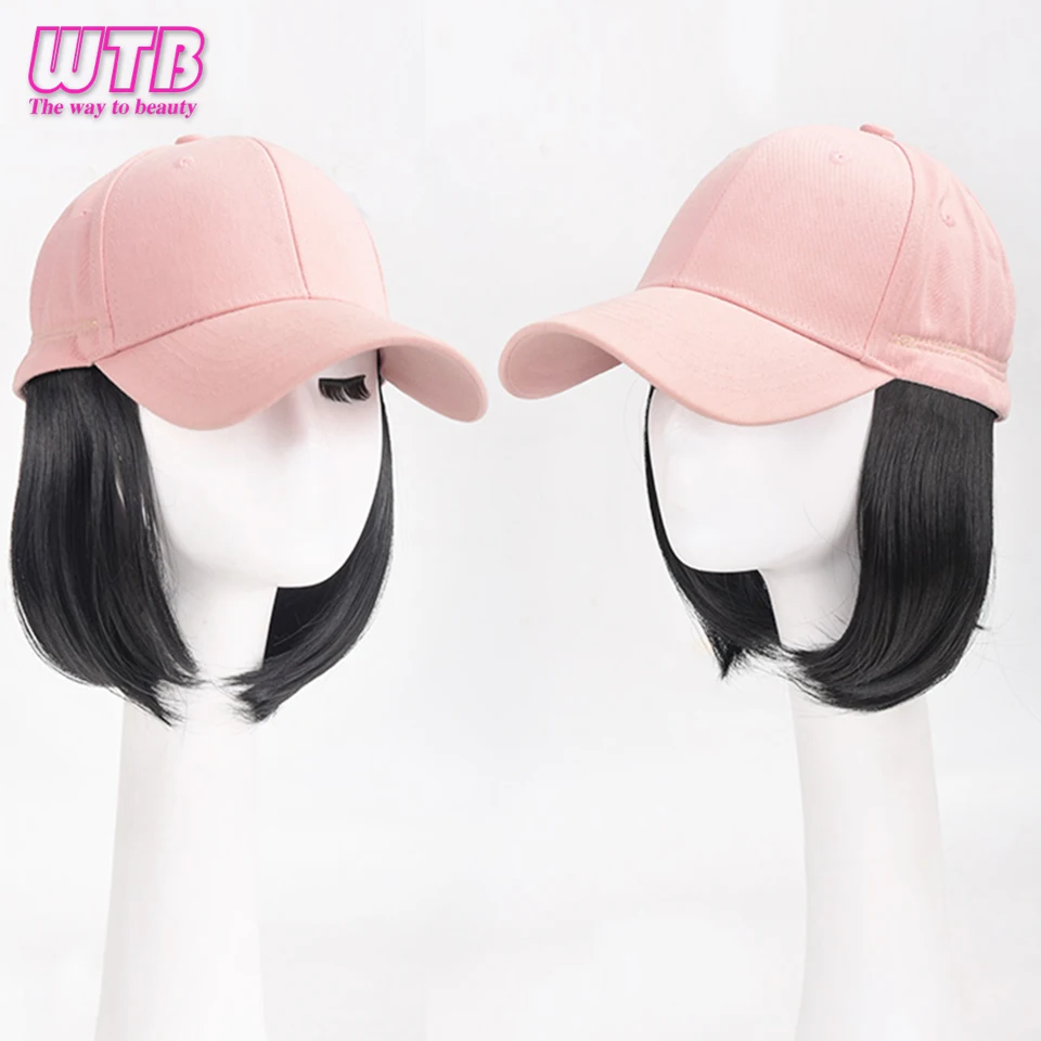 WTB Synthetic Natural Wigs Hat Seamless Connection Hair Extension for Women Wigs Short Bob Baseball Cap Wig Adjustable Black