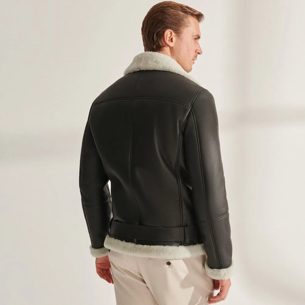 Denny&Dora Mens Shearling Jacket Leather Coat Black Fur Bomber Jacket Natural Sheepskin Shearling Jacket