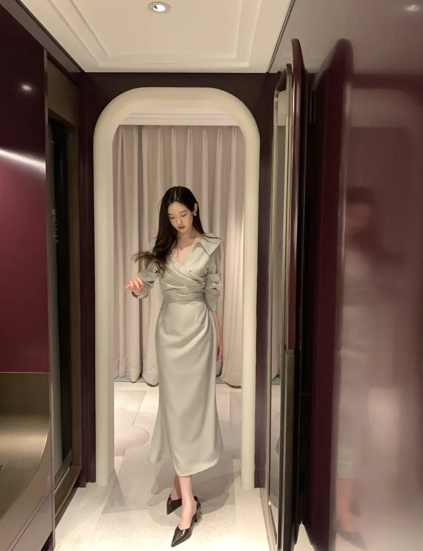 3 kleuren dames herfst Franse kraagvorm overhemdjurk elegante vetersluiting taille knop casual chique midi-jurken vrouwelijk (CS1236)