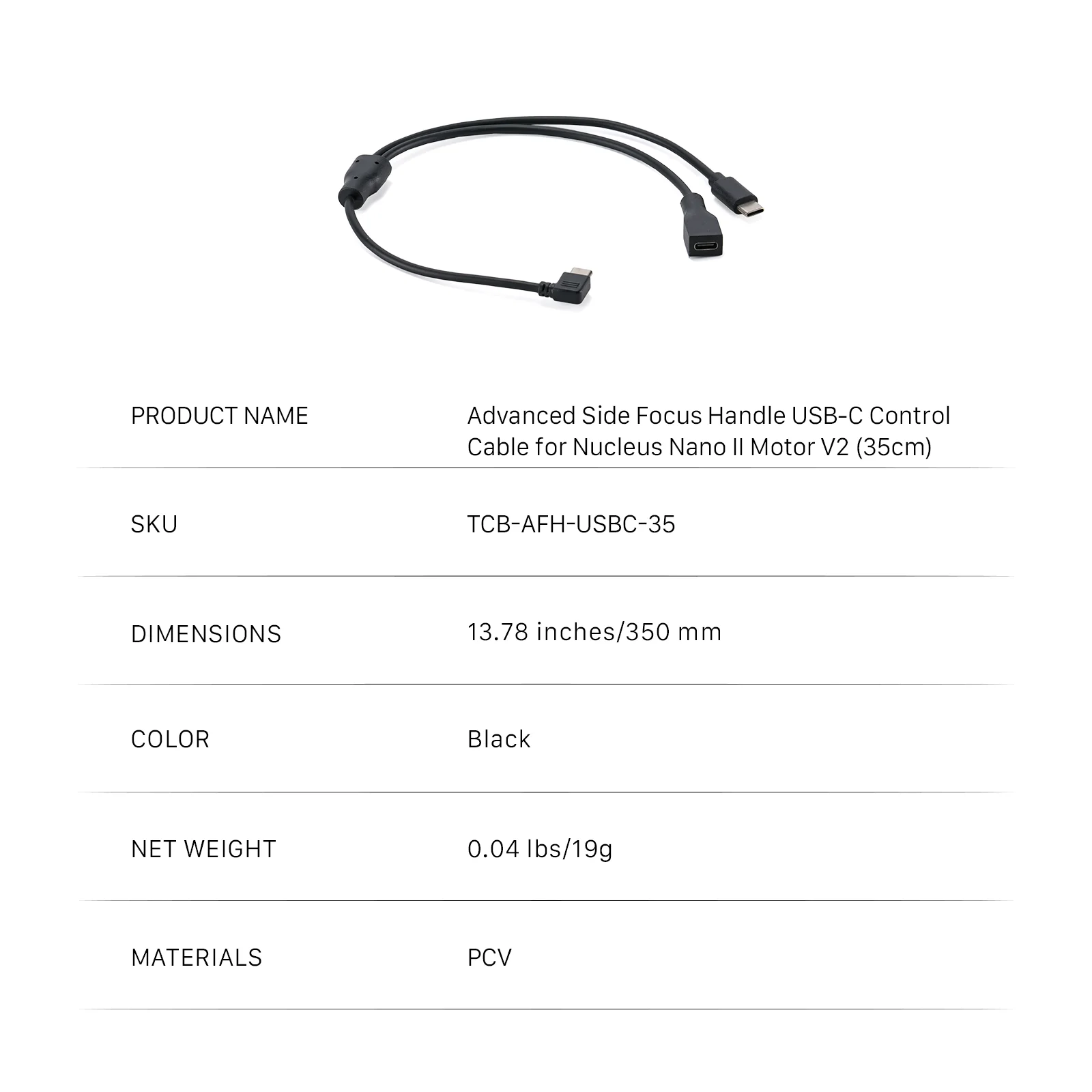 TILTA TCB-AFH-USBC-35CM Geavanceerde USB-C-bedieningskabel met zijfocus-handgreep voor Nucleus Nano II-motor V2 (35 cm)