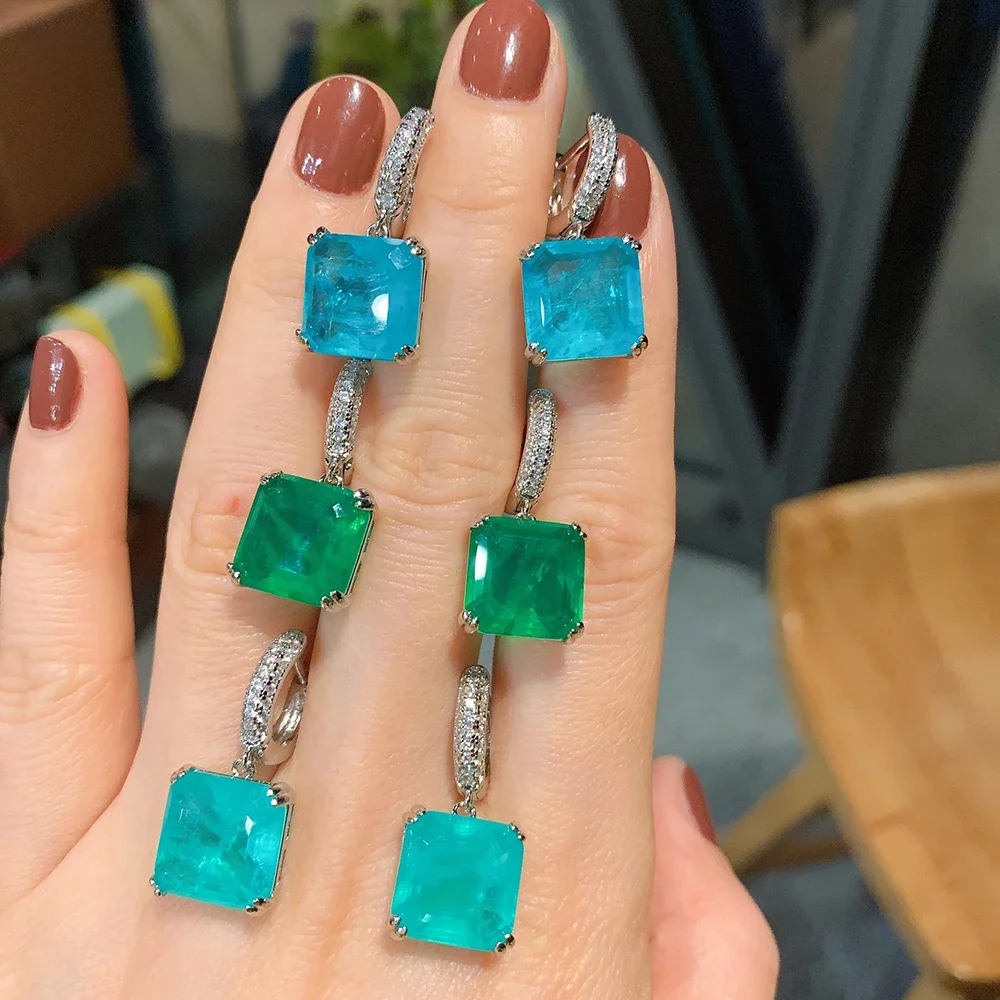 KNRIQUEN Vintage 12*12 Paraiba turmalin szmaragdowy kamień spadek klipsy kolczyki dla kobiet imprezowa, koktajlowa piękna biżuteria kobieta prezent — zdjęcie 2