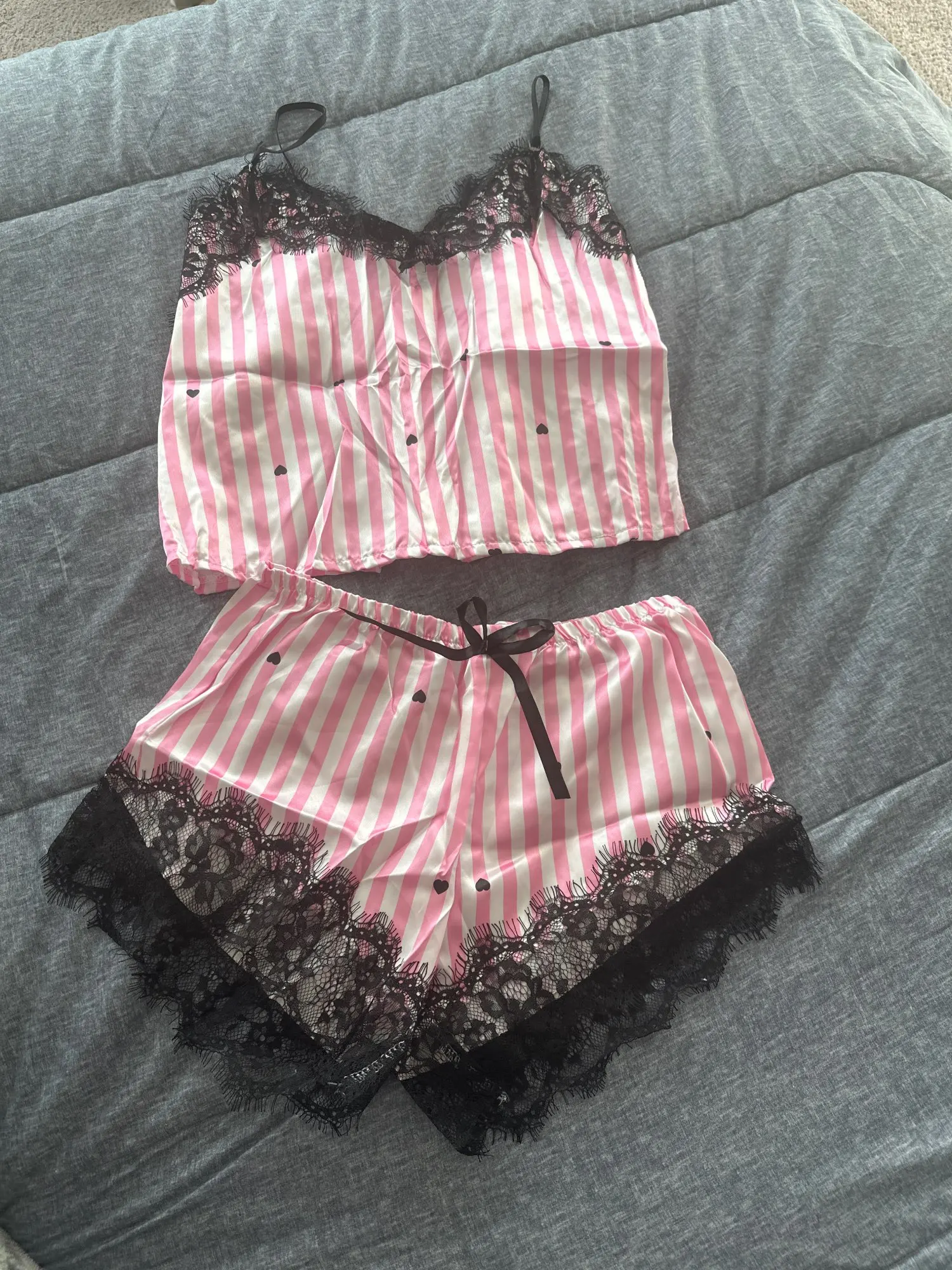 Summer Silk Satin Women's V-Neck Sexy Lace Suspender Pajama Shorts Set Stripes Heart Casual Women's Sleeveless Sexy Pajama Set photo review