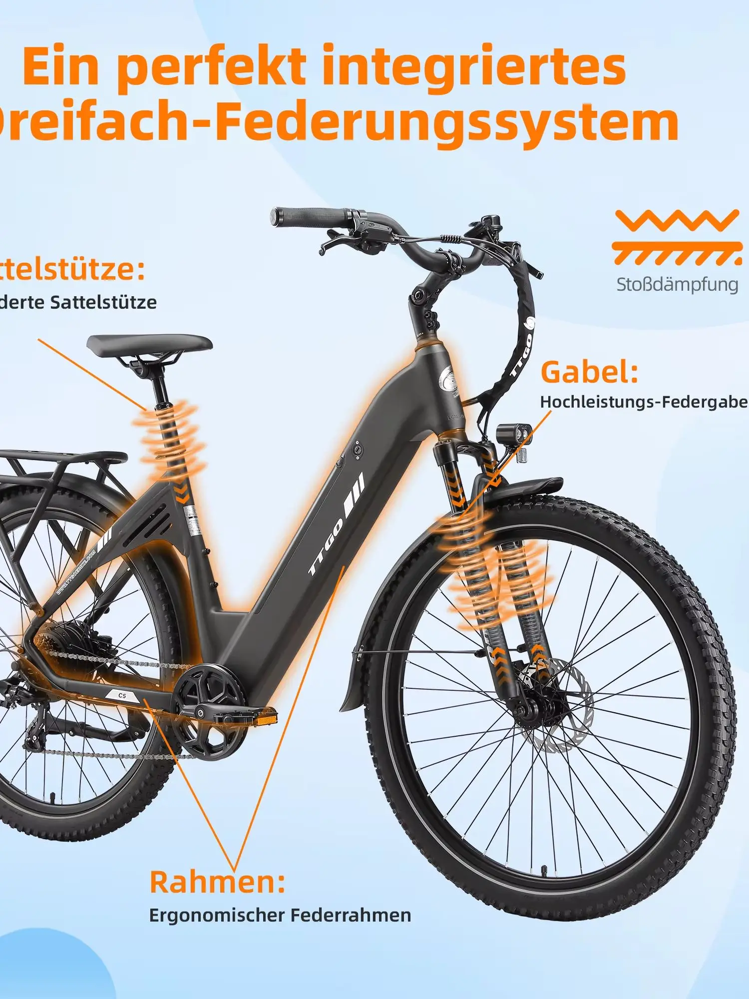 TTGO C5 E-Bike Cityrad 28"x2,4", 250W 648Wh Akku Erwachsene Elektrofahrrad, bis 130km Reichweite, 70Nm Heckmotor, Tiefeinstieg,  7-Gang, hydraulische Scheibenbremsen Bikes für Damen Herren