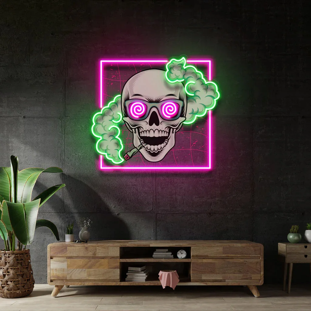 Smoking Skull Neon Sign Pop Art Retro Bar Beer Art Wall Decor Man Cave Bar Pub Home Decor UV Print Skull Dimmable Neon