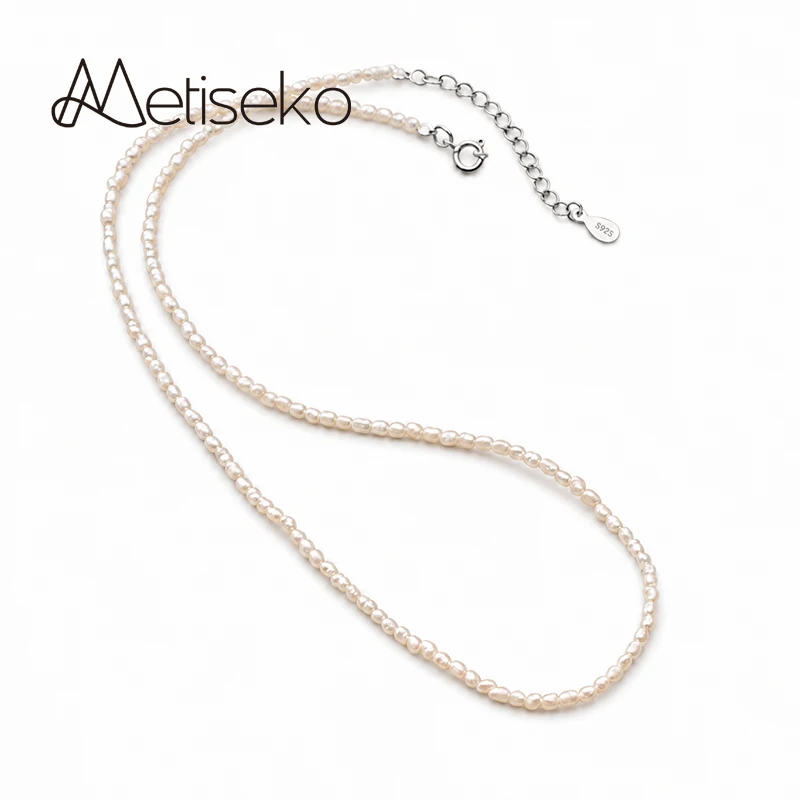Metiseko Mini Rice Pearl Choker Necklace 925 Sterling Silver Chain 2.2-2.7mm Width Natural Freshwater Pearl Necklace for Women
