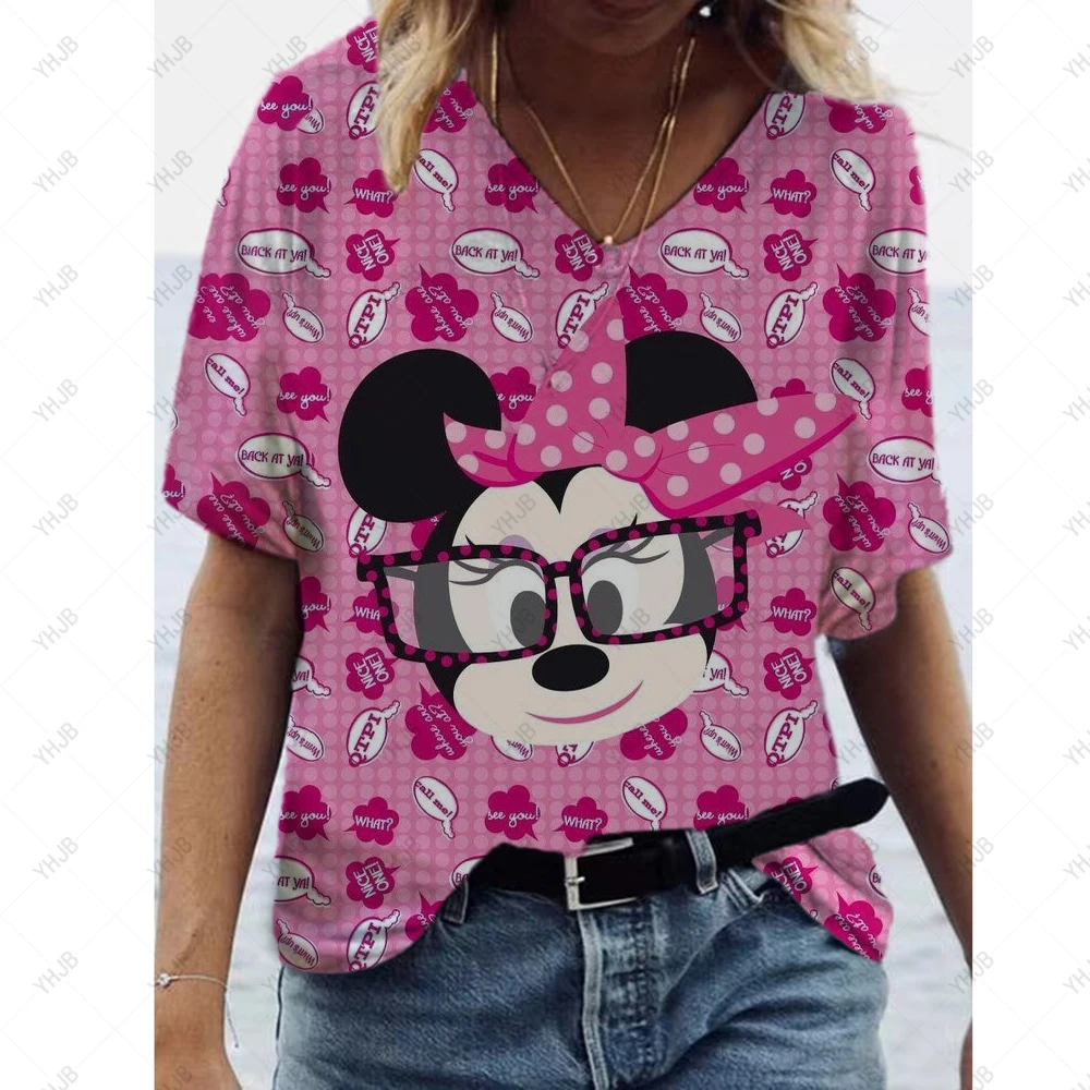 2022 New Casual T Shirt Verão T Shirt Moda Streetwear 3D Disney Minnie Mickey Imprimir Senhoras Soltas V Pescoço Camisa de Manga Curta