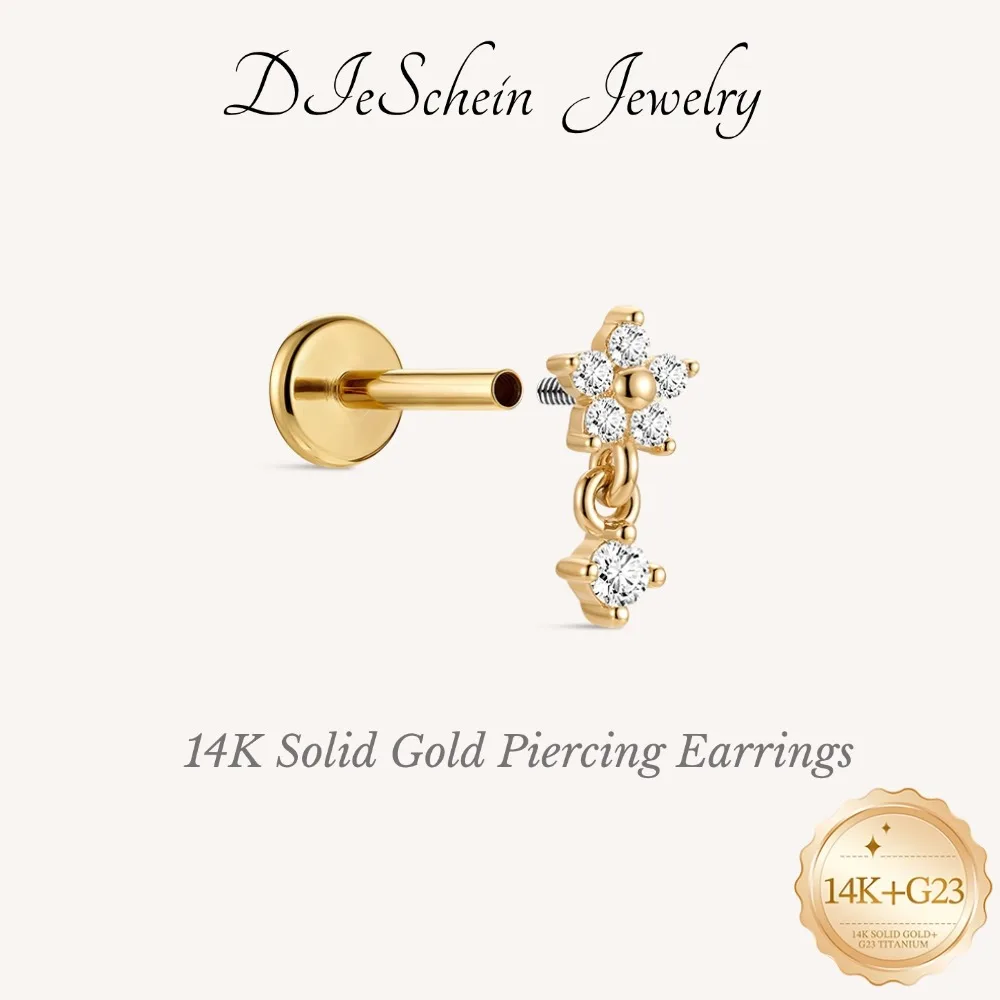 DIeSchein 14K Solid Gold Flat Back Earrings Double CZ Flower Piercing Stud Internal Thread Flat Back Earring Piercing Jewelry