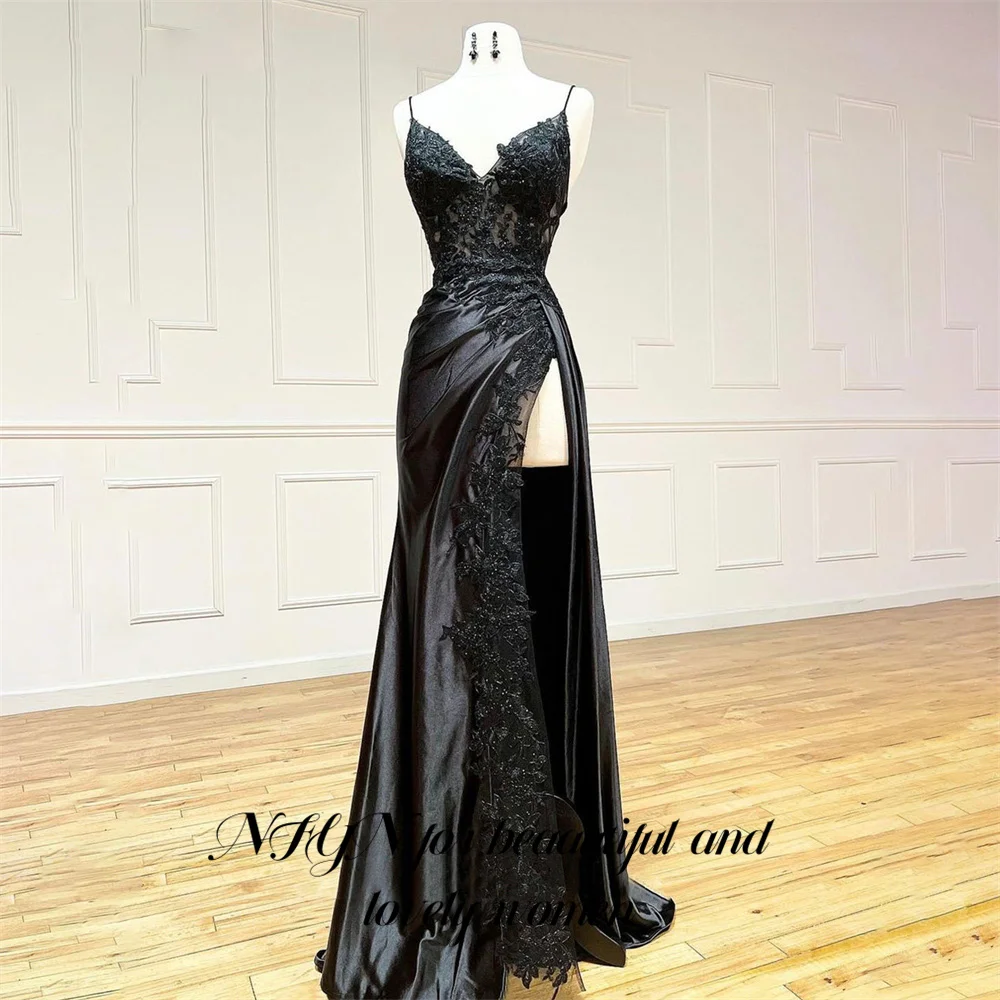 

NFYN Black V-Neck Long Party Dresses Vintage Spaghetti Strap Night Dresses Lace Celebrity Dresses Gown with High Slit Customized