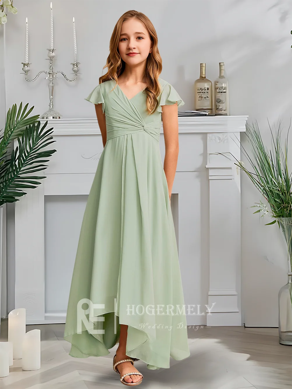 Gaun Pengiring Pengantin Junior Kerah V Gaun Gadis Bunga Celadon Berkabut Gaun Anak-anak Asimetris Sifon A-Line Pesta Pernikahan Soiree Musim Semi