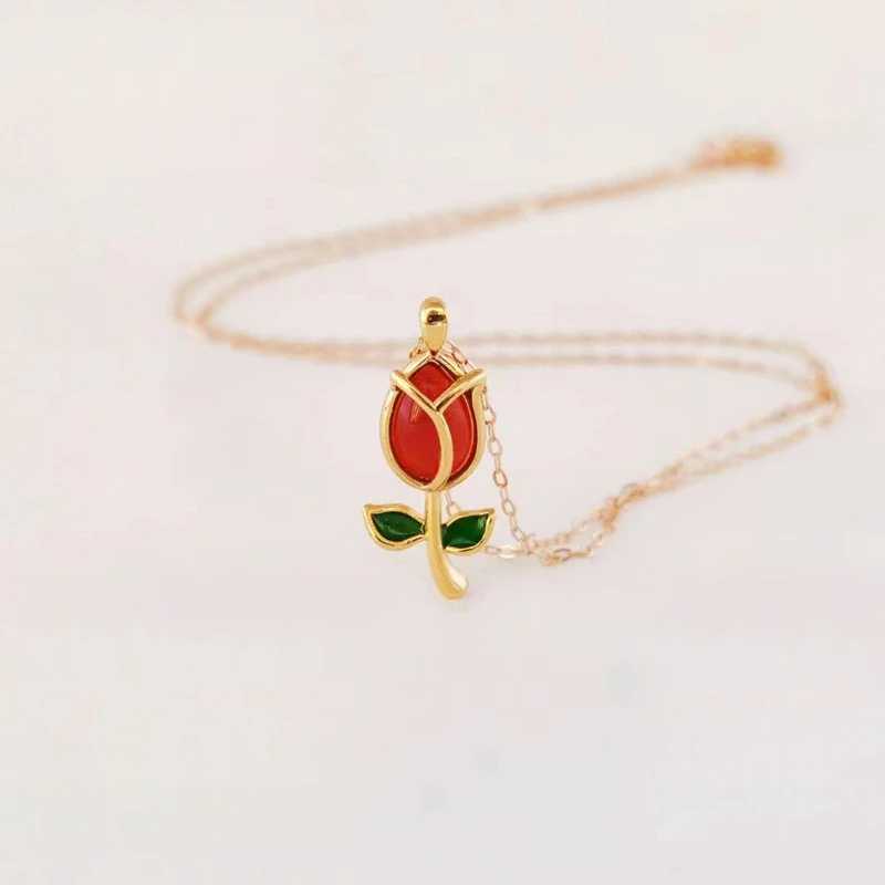 MADALENA SARARA Pure Yellow Gold Pendant 18k Rose Flower Enamel Design Chain Women Necklace