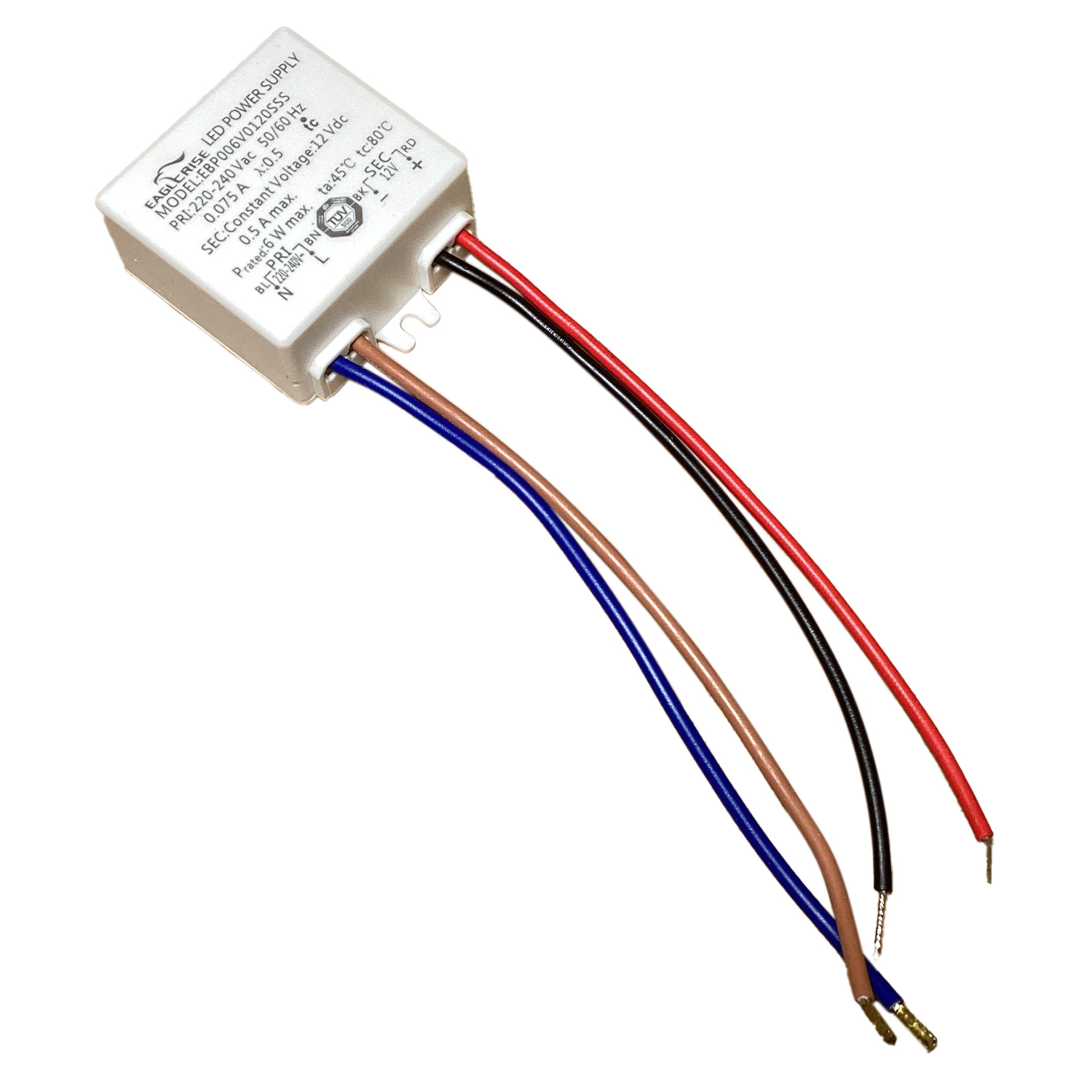 Eaglerise Constant Voltage Driver EBP006V0120SSS (12V - 6W) LED Power Supply 220Vac to 12Vdc with 130mm Leadwire