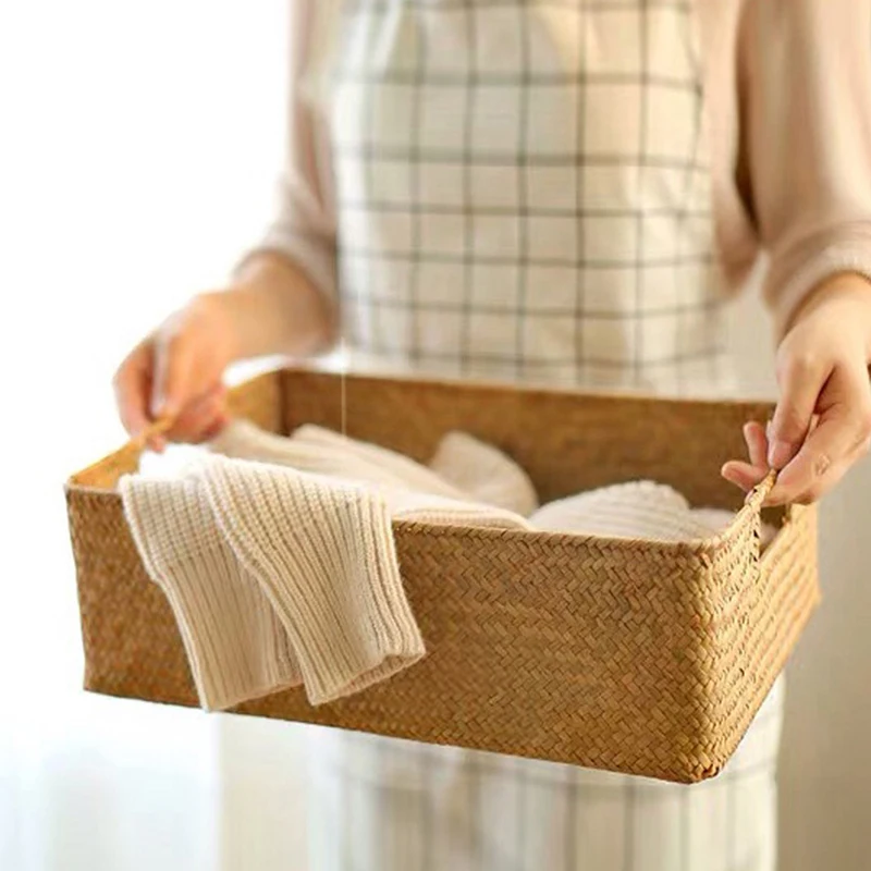 Woven Seagrass Storage Baskets Straw Rattan Basket Desk Organizer Picnic Basket Fruit Storage Box Cosmetic Storage Container