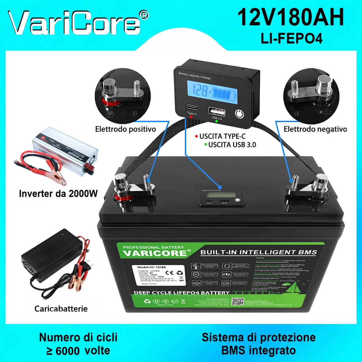 VariCore 12.8V 180Ah Pacco Batteria LiFePO4,Display LCD,BMS 4S integrato,per E-Scooter,Utensili Elettrici,Giardinaggio,EV,Camper,Barca,Motore Trolling,Energia Domestica,Golf Cart,Campeggio,Off-Grid
