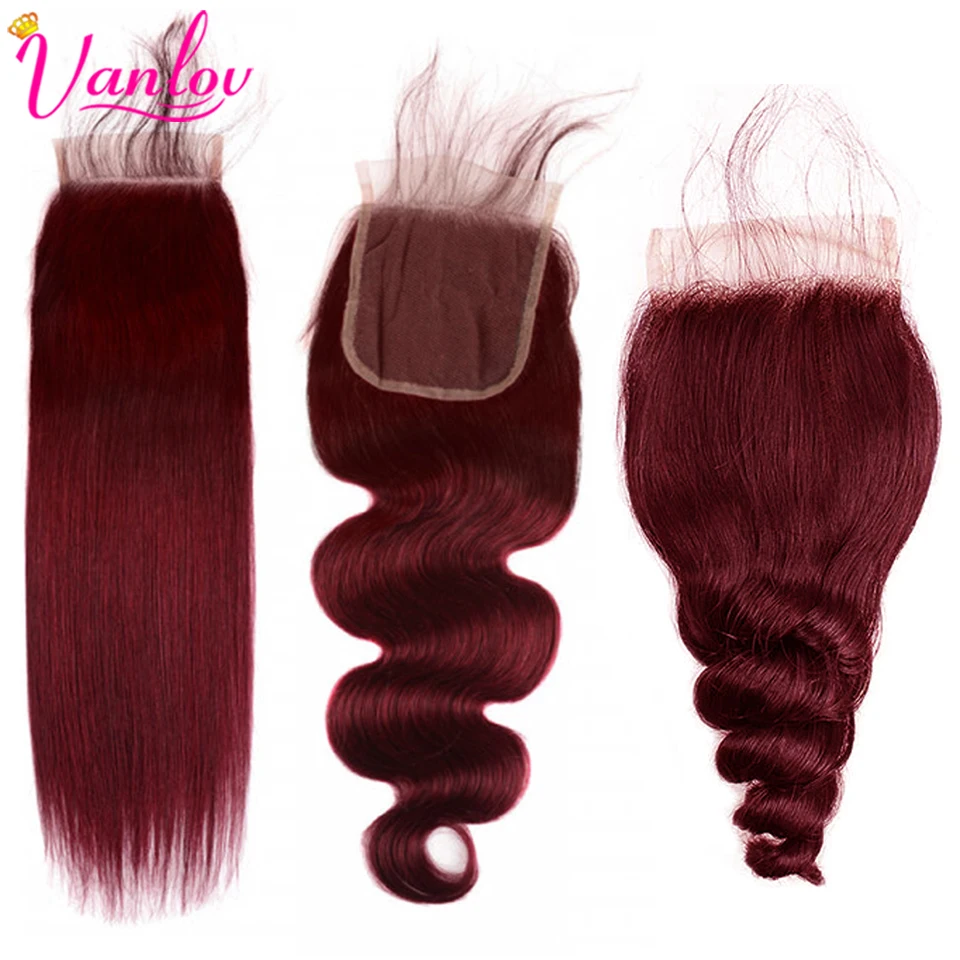 Vanlov 99J Straight 4x4 Lace Closures Brazilian Body Wave Free Part Lace Closure Burgundy 150% Density Loose Wave Lace Closure