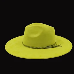 Avocado Green Faux Suede Fedora Hat Wide Brim Hat with Adjustable Cord Strap Jazz Top Panama Hat Outdoor Sun Hat