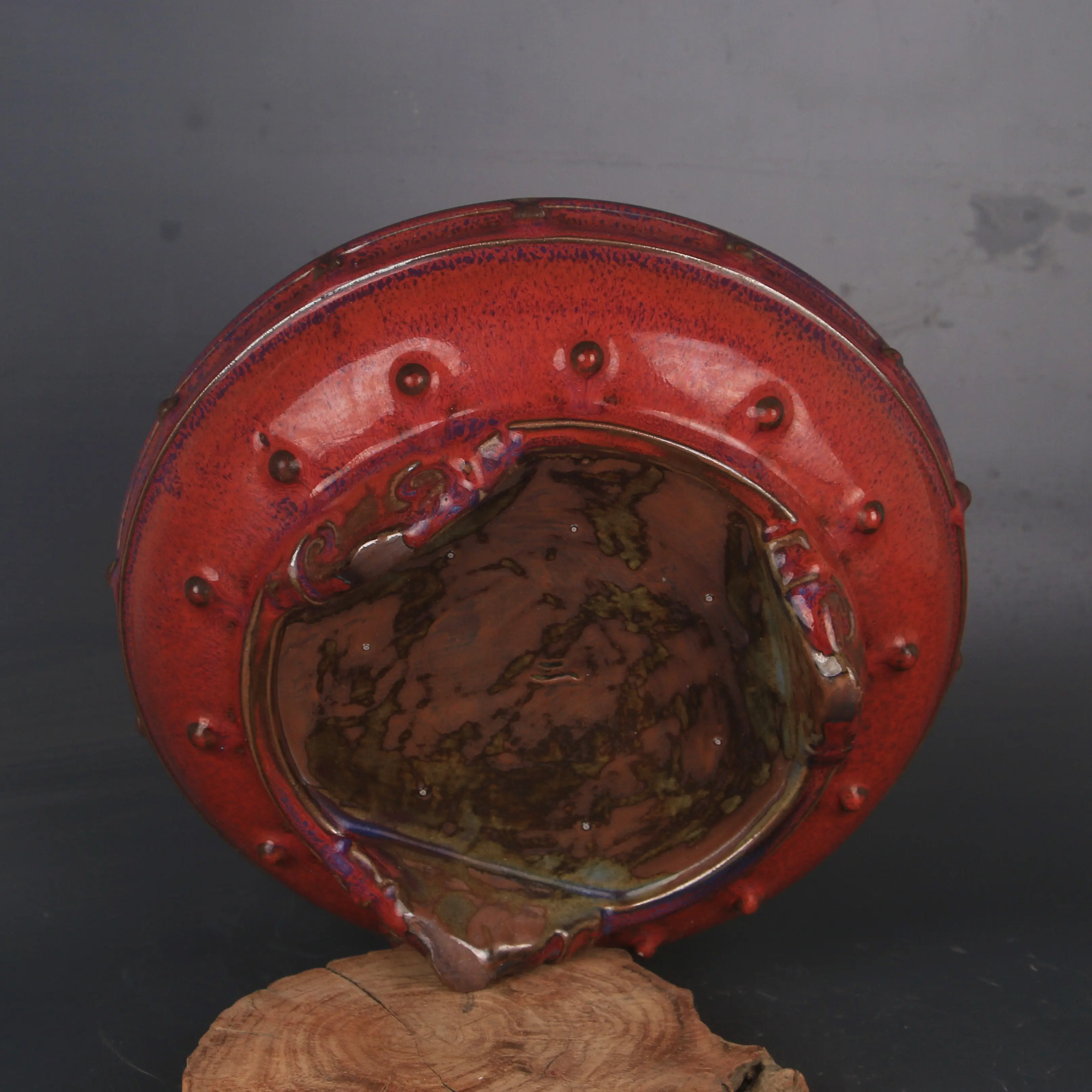 Chinese Song Style Jun Ware Red Glaze Splashed Earthworm Track Pattern Large Drum Nail Brush Washer Vintage Porcelain Home Decor