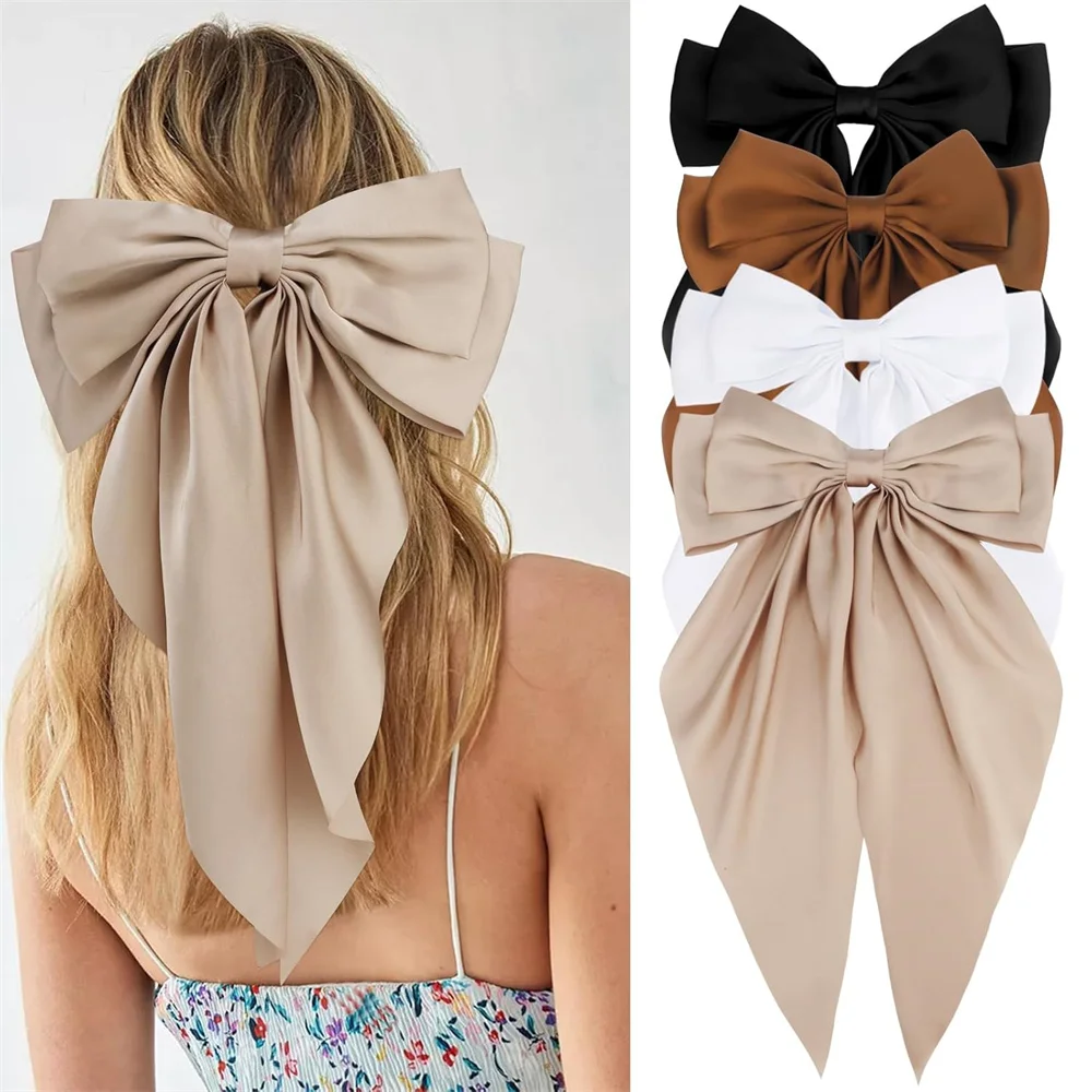 4Pcs/set Women's Big Bow Hairpin, Women's Solid Color Bow, Ribbon, Ribbon Bow, Spring Clip, Bow, Daily Party Hair Accessories