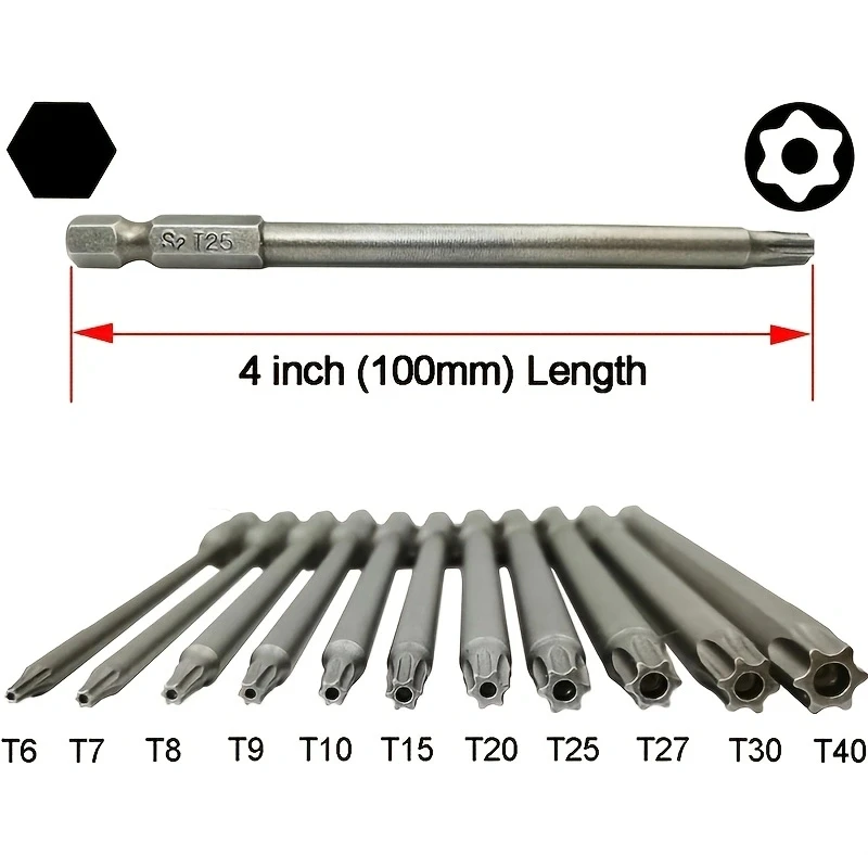 11Pcs Long Torx Security Head Screwdriver Drill Set, 1/4 Inch Hex Shank S2 Steel Torx Screwdriver Bit Set, T6 T7 T8 T9 T10 T15 T