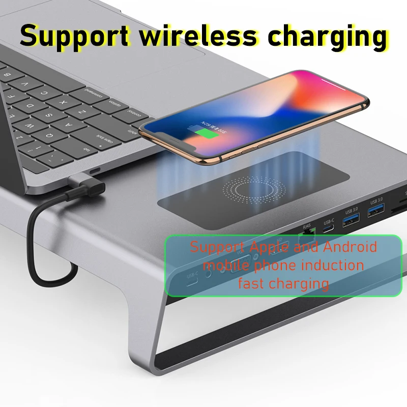 Desk HUB USB-C Docking station Pengisian Induktif Nirkabel untuk Aksesori Laptop Samsung Apple iPhone MacBook Pro Air Mac iMac