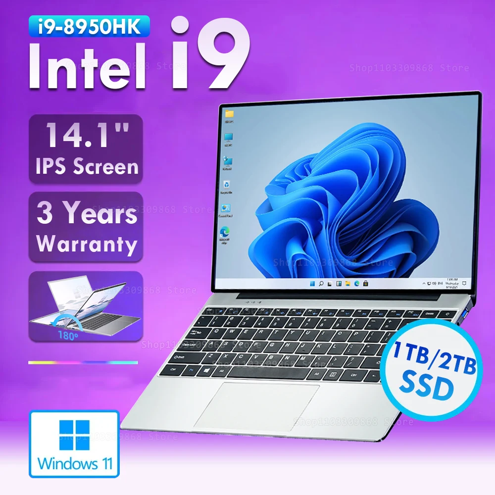 14.1 Inch Windows 11 i9 Gaming Laptop Computer PC Gamer 16GB RAM 1TB 2TB SSD Notebook Intel Core i9 8950HK Office Study Computer